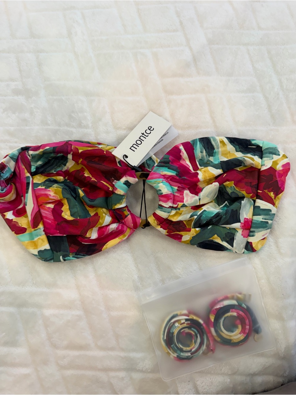 Montce Floral Bandeau Bikini Top in Pink, Green, Yellow & Cream